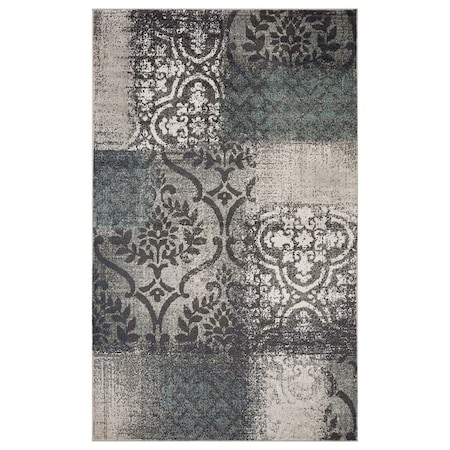 Palacedesigns Damask Distressed Stain Resistant Rectangle Area Rug - Teal & Gray - 7 x 9 ft. PA3104938